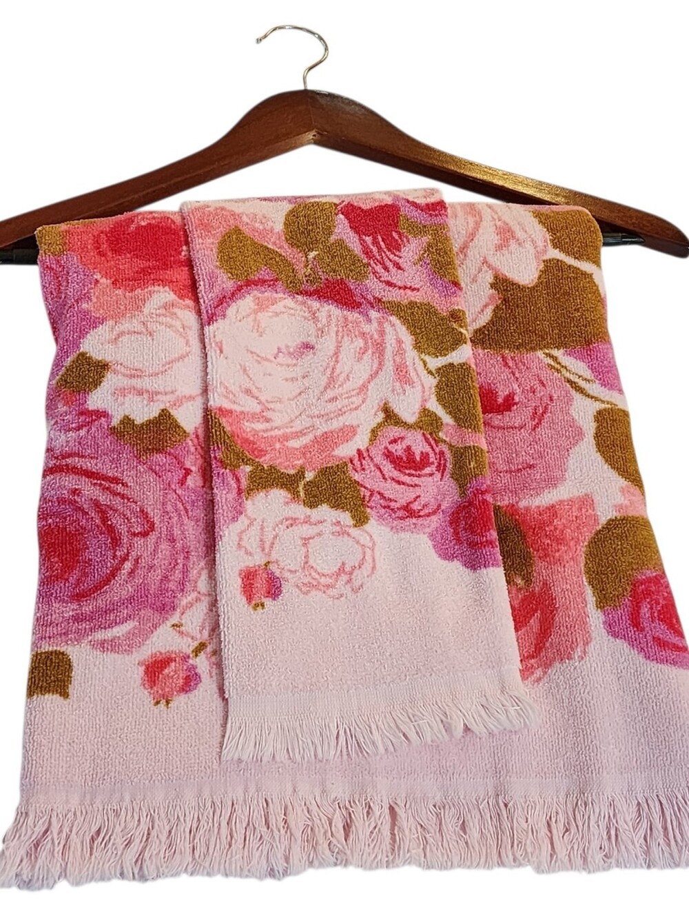 Vintage Monticello Cannon Pink Roses Floral Fringe Bath Towel Set All Cotton 60s